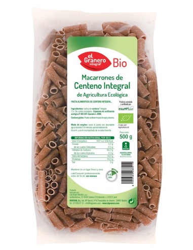 Macarrones De Centeno Integral Bio, 500 G de El Granero Inte