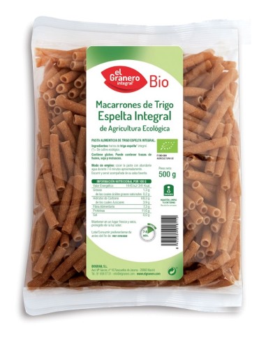 Macarrones De Trigo Espelta Integral Bio, 500 G de El Granero Integral