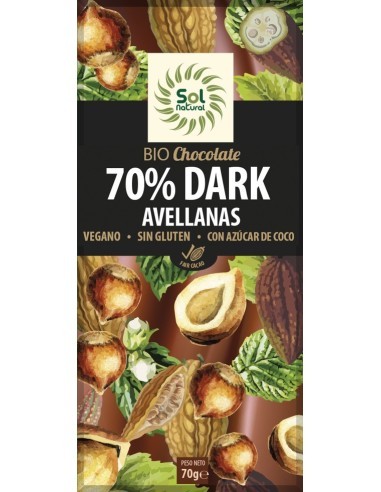 Pack 10 Uds. Tableta Chocolate Dark 70% Y Avellanas Bio 70 g  de Solnatural