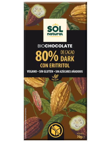 Pack 10 Uds. Tableta Chocolate 80% Con Eritritol Bio 70 g  de Solnatural